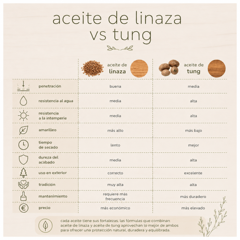 Aceite de linaza y tung para madera comparativa
